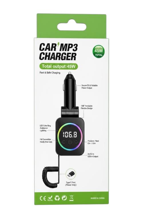 Universal 45W Car MP3 Charger with FM Transmitter, LED Display and USB-C Cable C76