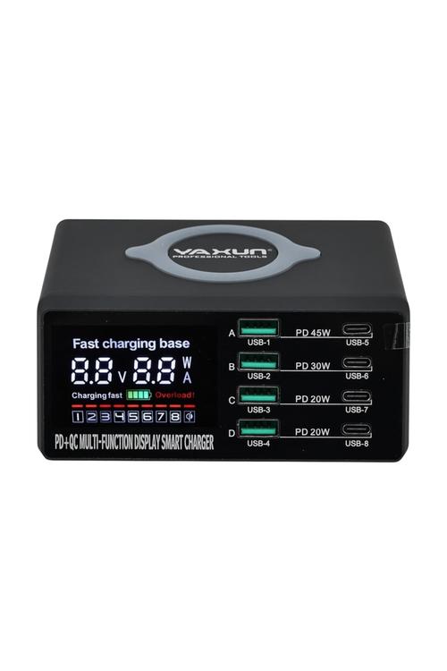 YAXUN 8-port multi-functional smart charger with a fast-charging base and wireless charging X9D