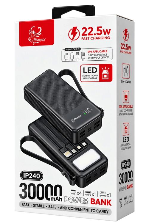 iPhoenix 30,000mAh 22.5W Fast Charging Power Bank with Built-In 4-in-1 Cables, LED Light and Multi-Port Charging Black IP240
