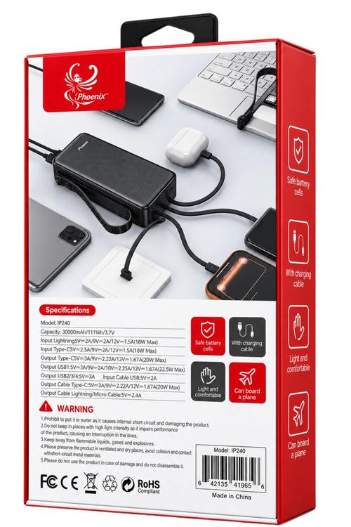 iPhoenix 30,000mAh 22.5W Fast Charging Power Bank with Built-In 4-in-1 Cables, LED Light and Multi-Port Charging Black IP240