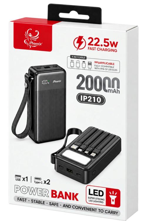 iPhoenix 20,000mAh Travel Power Bank with 4in1 Cables and Digital Display Black IP210