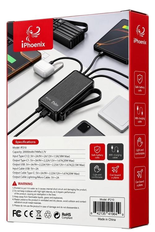 iPhoenix 20,000mAh Travel Power Bank with 4in1 Cables and Digital Display Black IP210