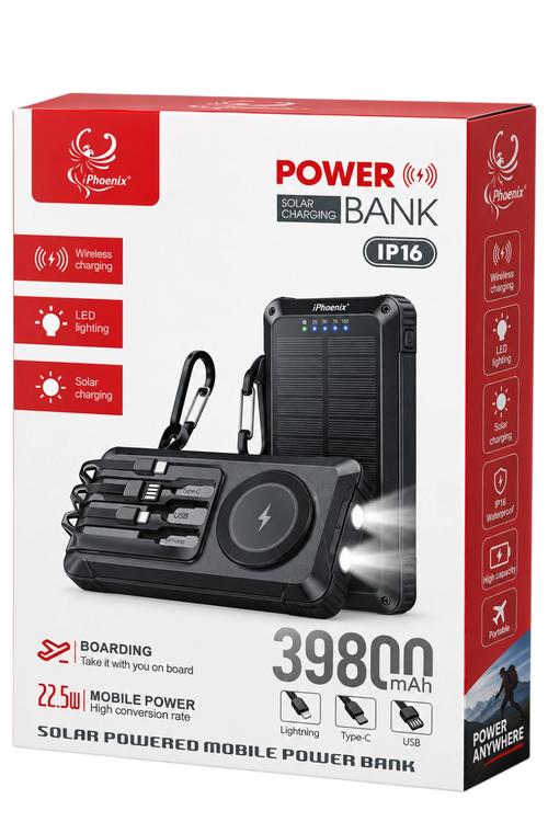 iPhoenix 39,800mAh Portable Solar Charger with Wireless Charging and Dual LED Lights Black IP16