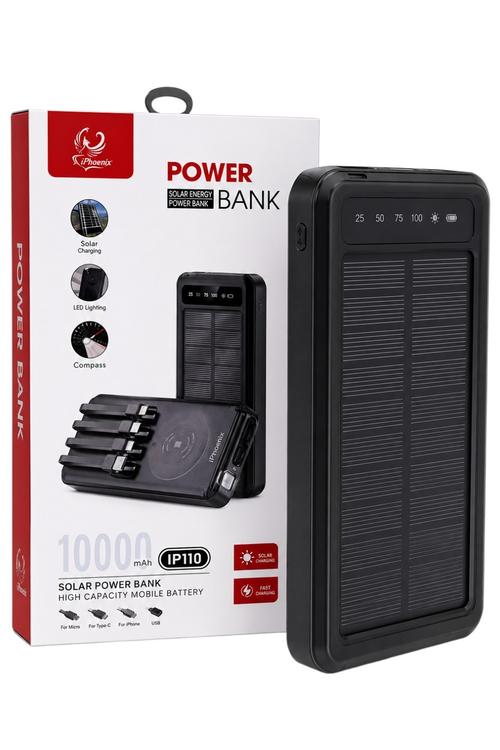 iPhoenix 10,000mAh Solar Power Bank with Wireless Charging and Built-In Cables IP110
