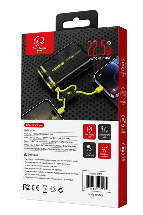 iPhoenix 10,000mAh 22.5W Fast Charging Power Bank with Built-In Cables IP180