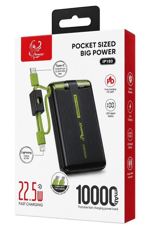 iPhoenix 10,000mAh 22.5W Fast Charging Power Bank with Built-In Cables IP180