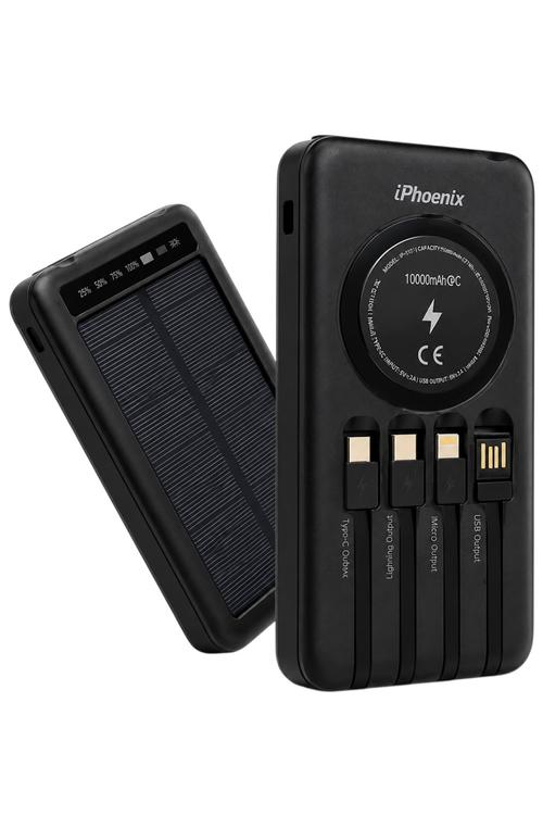 iPhoenix 10,000mAh Solar Power Bank with Wireless Charging and Built-In Cables IP110
