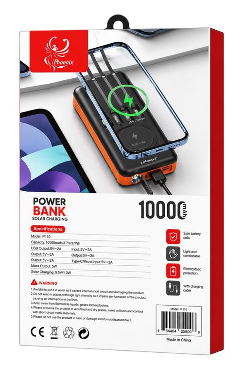 iPhoenix 10,000mAh Solar Power Bank with Wireless Charging and Built-In Cables IP110