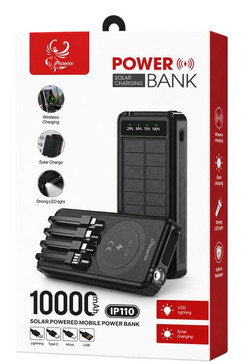 iPhoenix 10,000mAh Solar Power Bank with Wireless Charging and Built-In Cables IP110