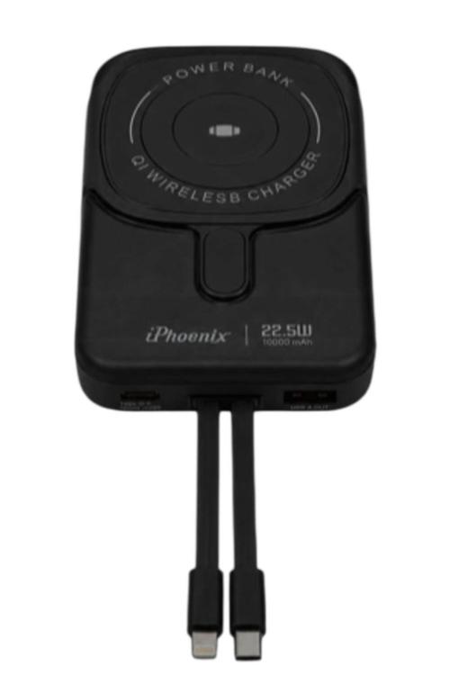 iPhoenix 10,000mAh 3in1 Magnetic Wireless Power Bank with Watch Charger and Built-In Cables Black IP11