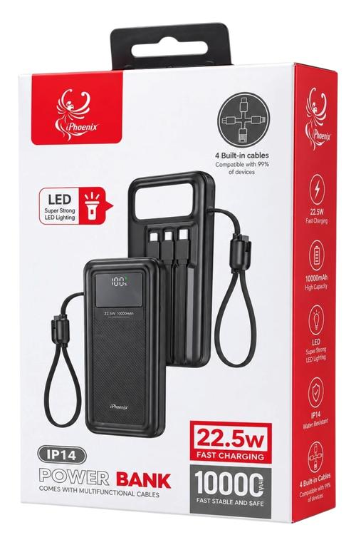 iPhoenix 10,000mAh 22.5W Fast-Charging Power Bank with 4 Built-In Cables and LED Flashlight, Black IP14