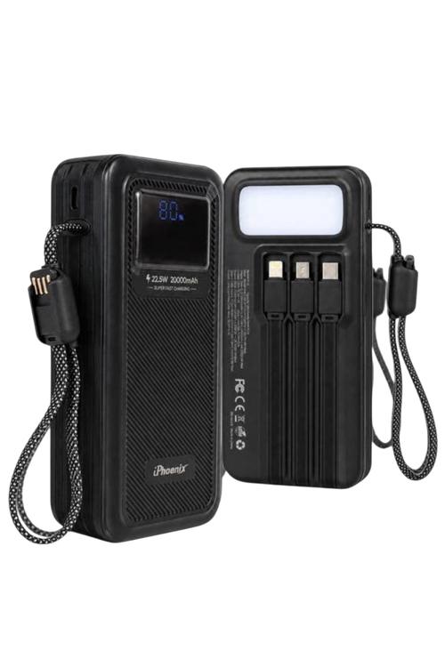 iPhoenix 10,000mAh 22.5W Fast-Charging Power Bank with 4 Built-In Cables and LED Flashlight, Black IP14