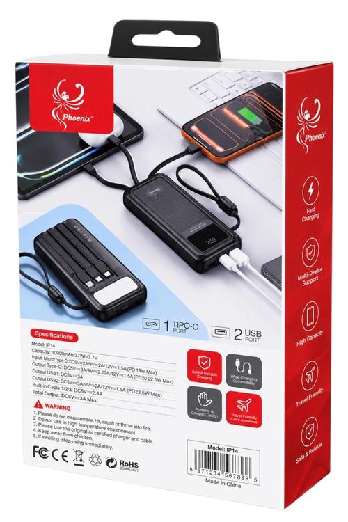 iPhoenix 10,000mAh 22.5W Fast-Charging Power Bank with 4 Built-In Cables and LED Flashlight, Black IP14