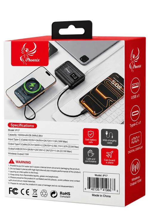 iPhoenix 10,000mAh Magnetic Wireless Power Bank with 22.5W Fast Charging and Digital Display IP17
