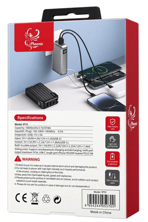 iPhoenix 10,000mAh Travel Power Bank with 4in1 Cables and Digital Display Black IP200