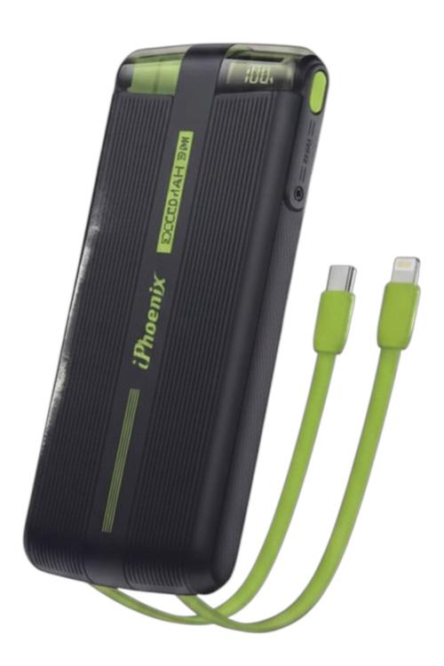 iPhoenix 22.5W Fast Charging Power Bank, 10,000mAh with Dual Built-In Cables and LED Display Black IP130