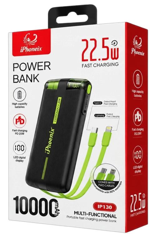 iPhoenix 22.5W Fast Charging Power Bank, 10,000mAh with Dual Built-In Cables and LED Display Black IP130