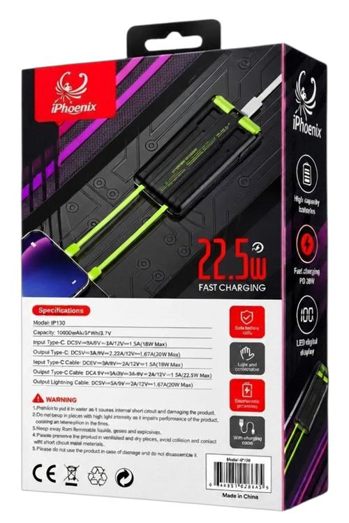 iPhoenix 22.5W Fast Charging Power Bank, 10,000mAh with Dual Built-In Cables and LED Display Black IP130