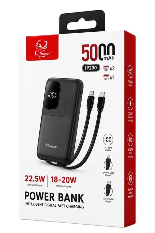 iPhoenix 5,000mAh 22.5W Fast Charging Power Bank with Built-In Cables IP230