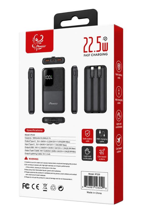 iPhoenix 5,000mAh 22.5W Fast Charging Power Bank with Built-In Cables IP230