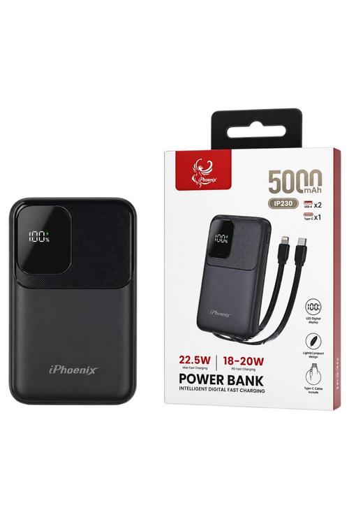 iPhoenix 5,000mAh 22.5W Fast Charging Power Bank with Built-In Cables IP230