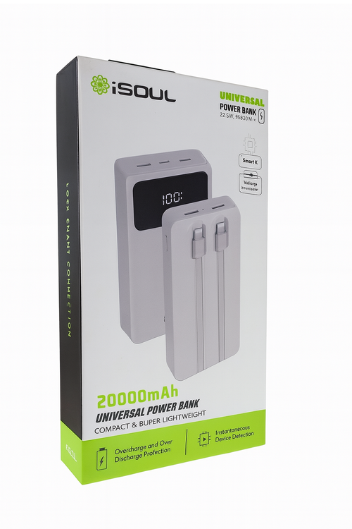 iSoul 20,000mAh Power Bank with Built-in Lightning and Type-C Cables ALSS71