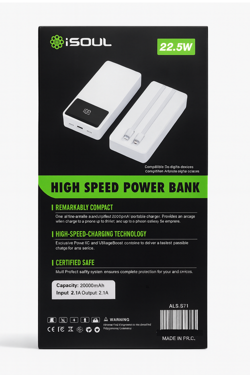 iSoul 20,000mAh Power Bank with Built-in Lightning and Type-C Cables ALSS71