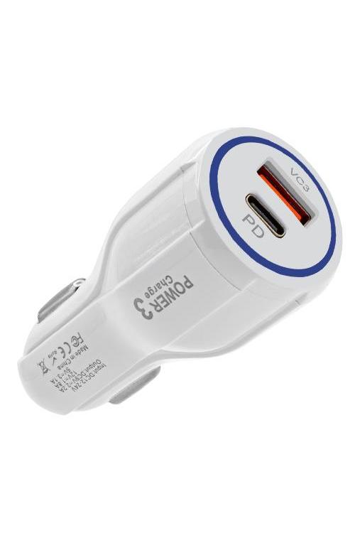 15W PD Car Charger With USB Port MW8182 WHITE