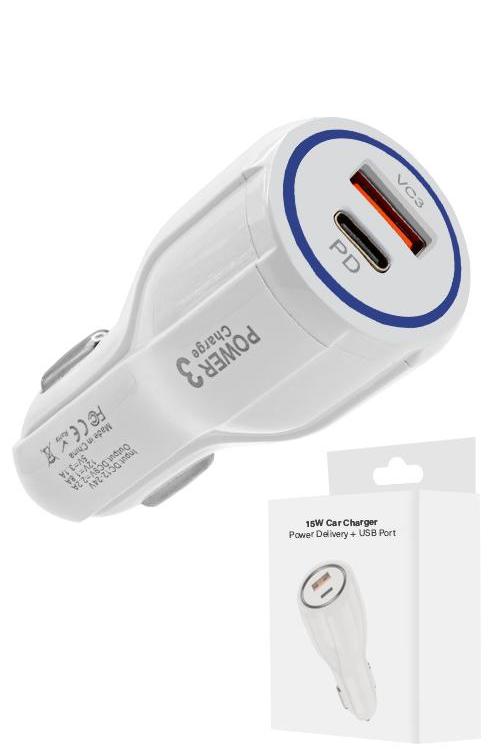 15W PD Car Charger With USB Port MW8182 WHITE