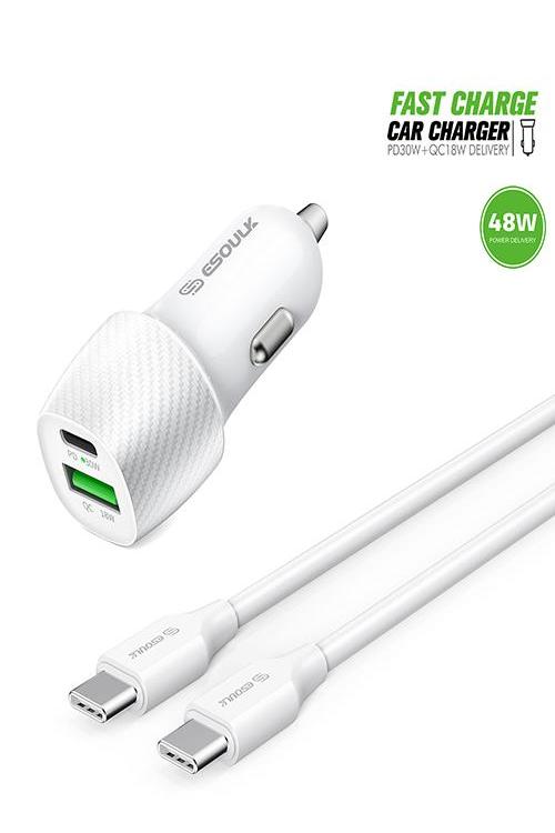 Esoulk 48W PD&QC Car Charger 3FT USB C to USB C Cable EK2007WH