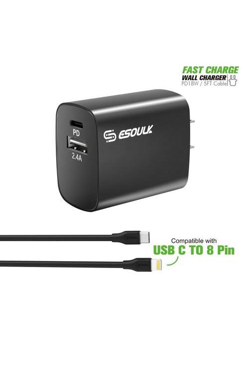 Esoulk Combo 18W Wall Charger PD & USB with 5FT C to C Cable-EC10P-CC