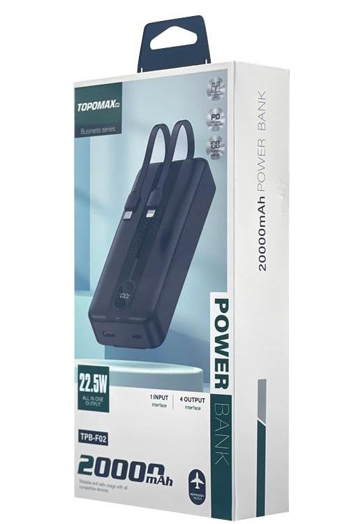 Topomax 20,000 mAh PD Power Bank With Lightning and Type-C Cables TPB-F02