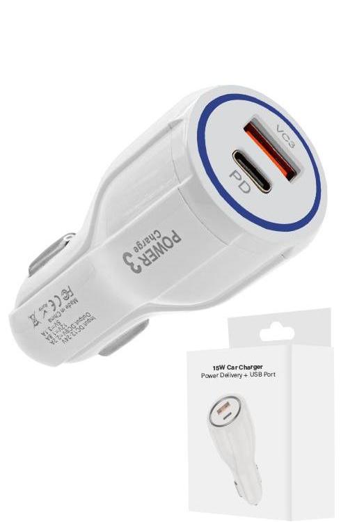 15W PD Car Charger With USB Port MW8182 WHITE